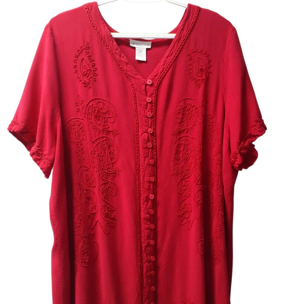 Phases Maxi Dress Womens Size 2X Red Embroidered Button Front Short Sleeve - Picture 3 of 8